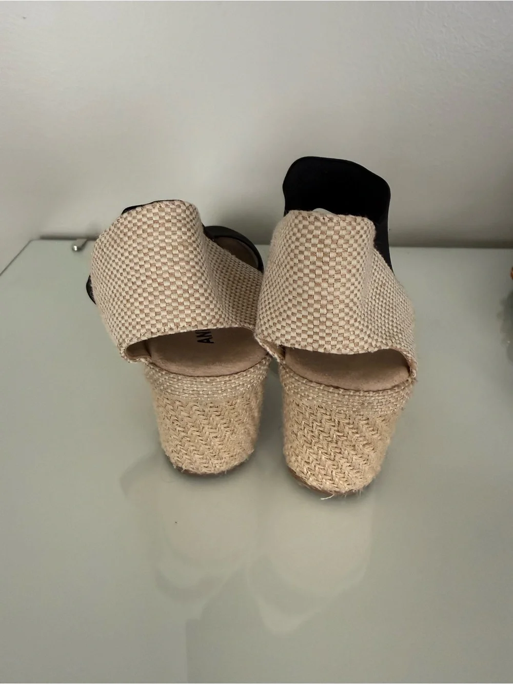 Anne Klein Black and Natural Espadrille Wedge Sandals